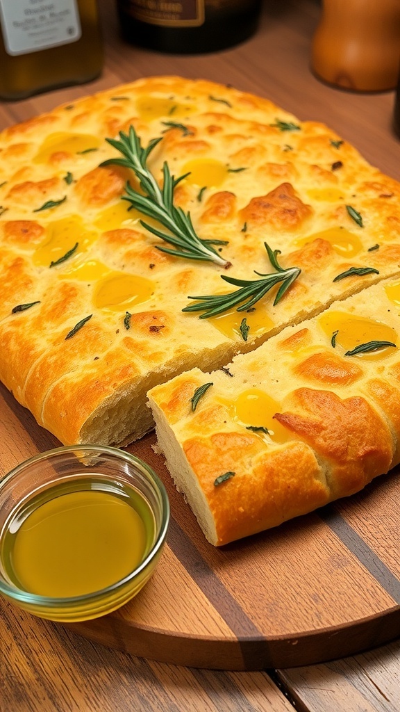 Golden brown focaccia bread topped with rosemary and olive oil, served on a wooden board with a bowl of olive oil.